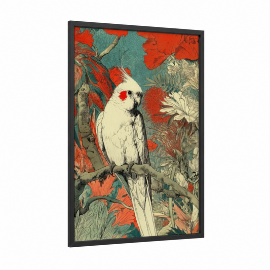 Crested Cockatiel framed art print — black wood frame — red and teal palette