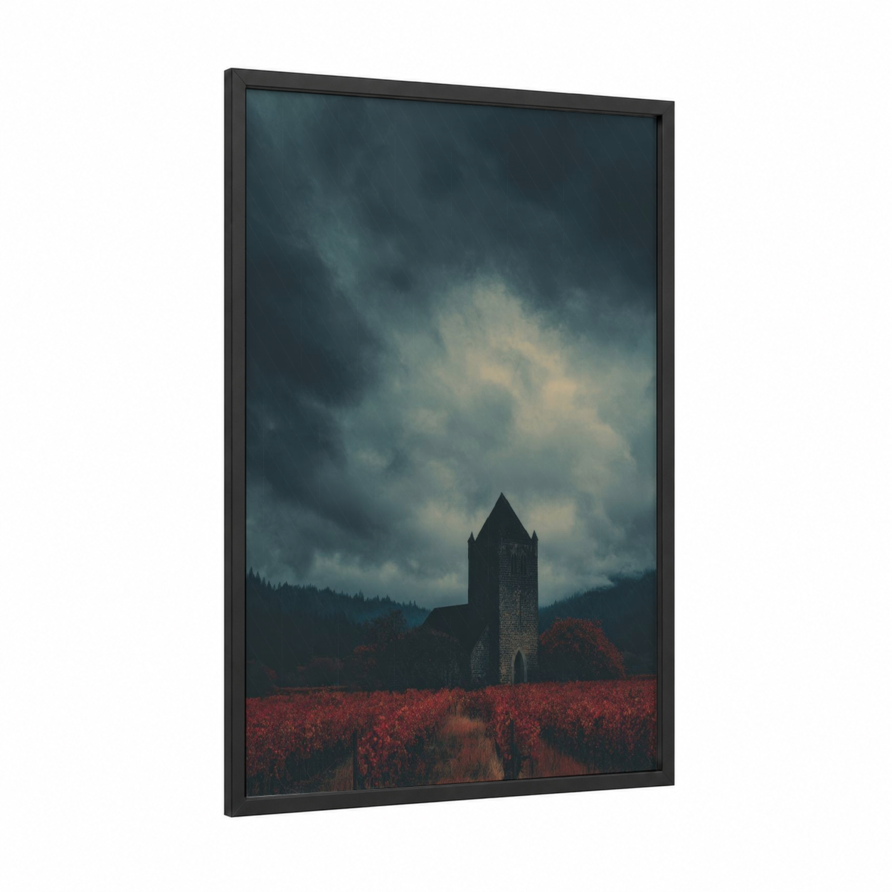 Crimson Tower Ruins framed towers print — black wood frame — dark blue and maroon palette