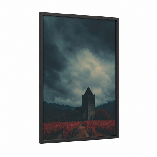 Crimson Tower Ruins framed towers print — black wood frame — dark blue and maroon palette
