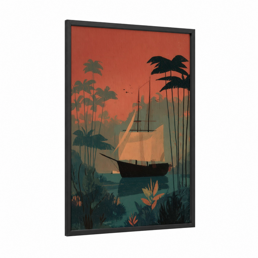 Tropical Sailing framed old ships print — black wood frame — orange and teal palette