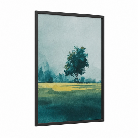 Solitary Fruit Tree framed fruit trees print — black wood frame — teal and yellow gold palette