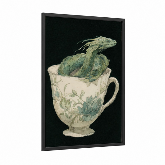 Teacup Basilisk framed art print — black wood frame — light green and cream palette