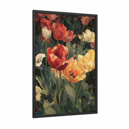 Garden Tulip Medley framed art print — black wood frame — red and yellow gold palette