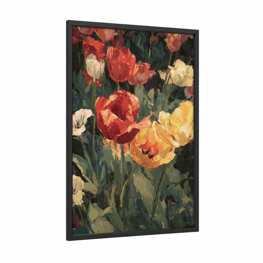 Garden Tulip Medley framed art print — black wood frame — red and yellow gold palette