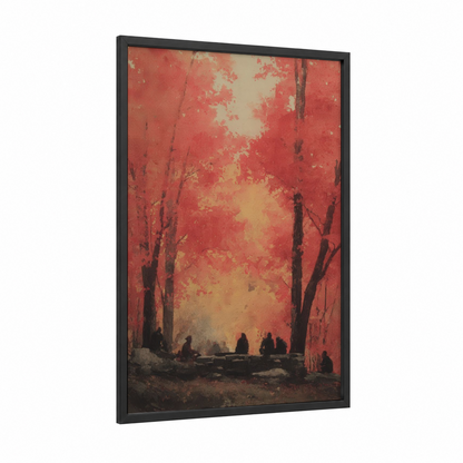 Crimson Campfire framed camping print — black wood frame — red and gold palette