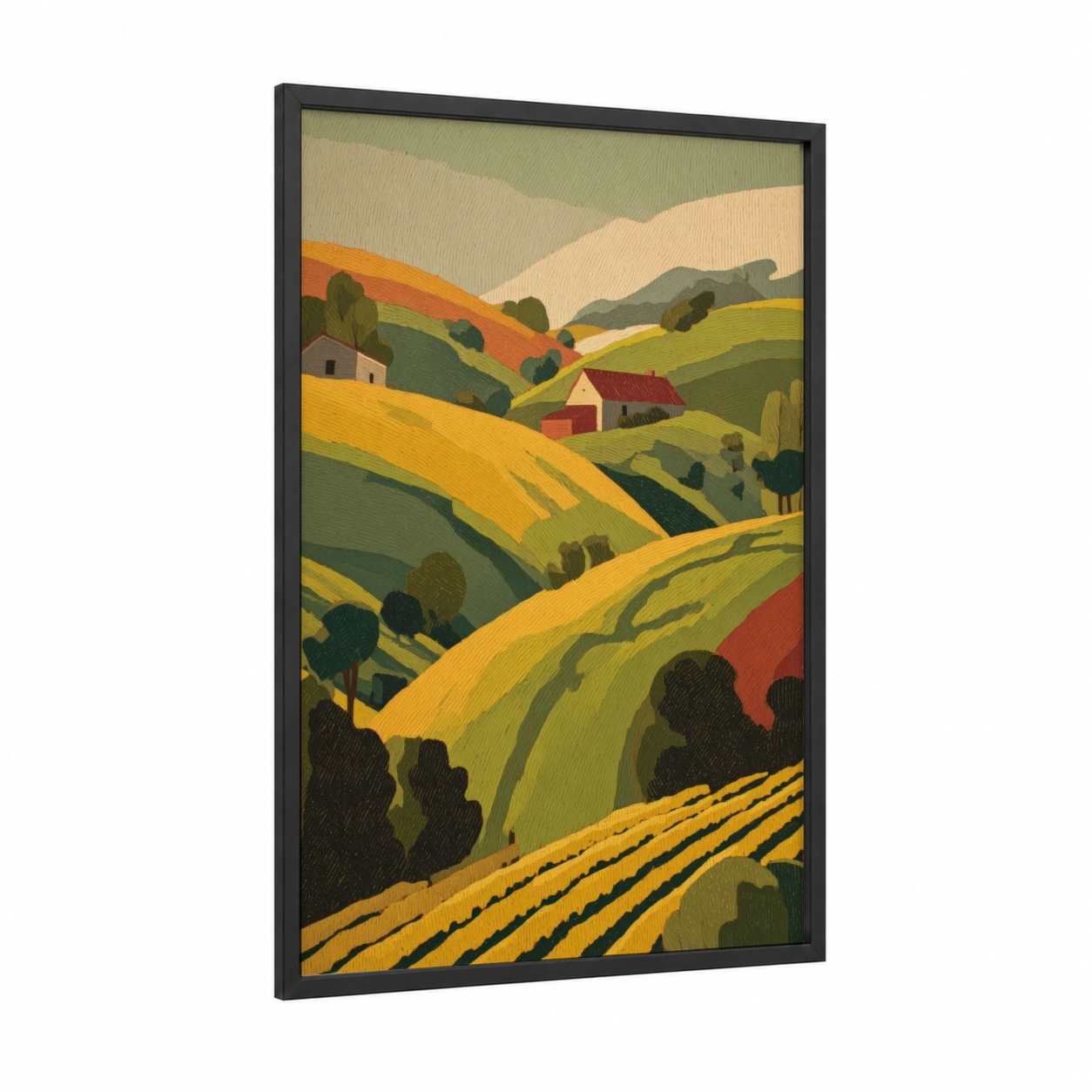 Golden Vineyard Valley framed vineyards print — black wood frame — gold and green palette
