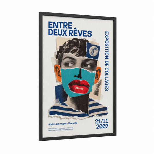 Surrealist Collage Portrait Wall Art framed lip print — black wood frame — blue and red palette