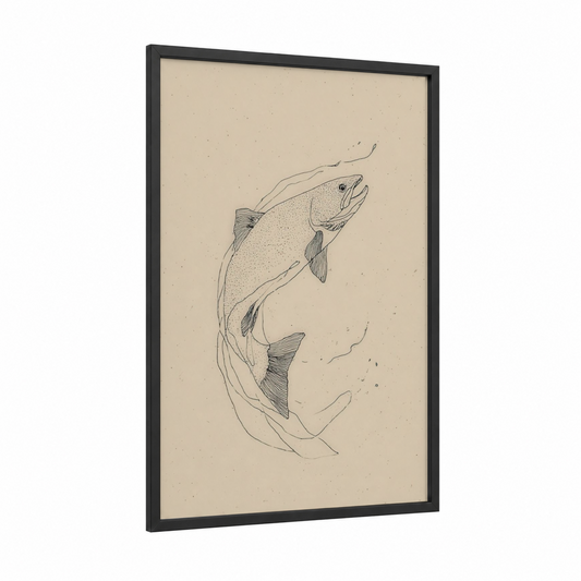 Leaping Trout framed fishing print — black wood frame — beige and black and white palette
