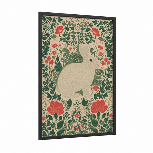 Garden Rabbit Easter framed art print — black wood frame — cream and dark green palette