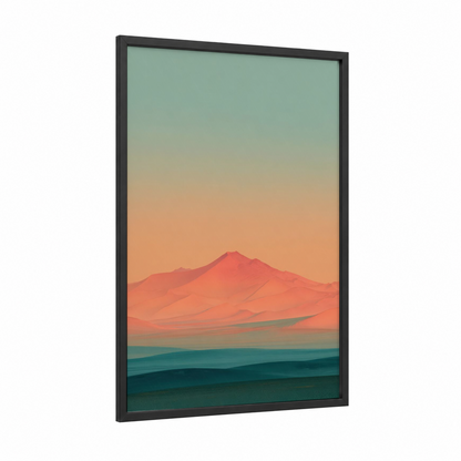 Sunset Mountain framed rainbow print — black wood frame — peach and sage green palette