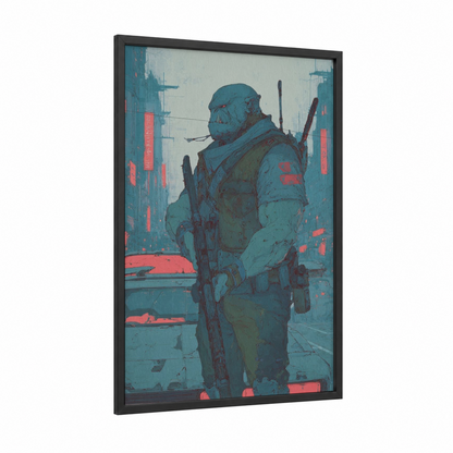 Cyberpunk Orc framed art print — black wood frame — dark blue and red palette