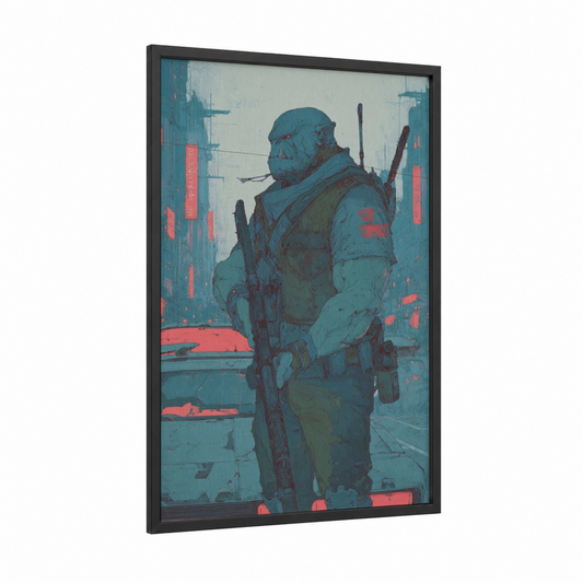 Cyberpunk Orc framed art print — black wood frame — dark blue and red palette