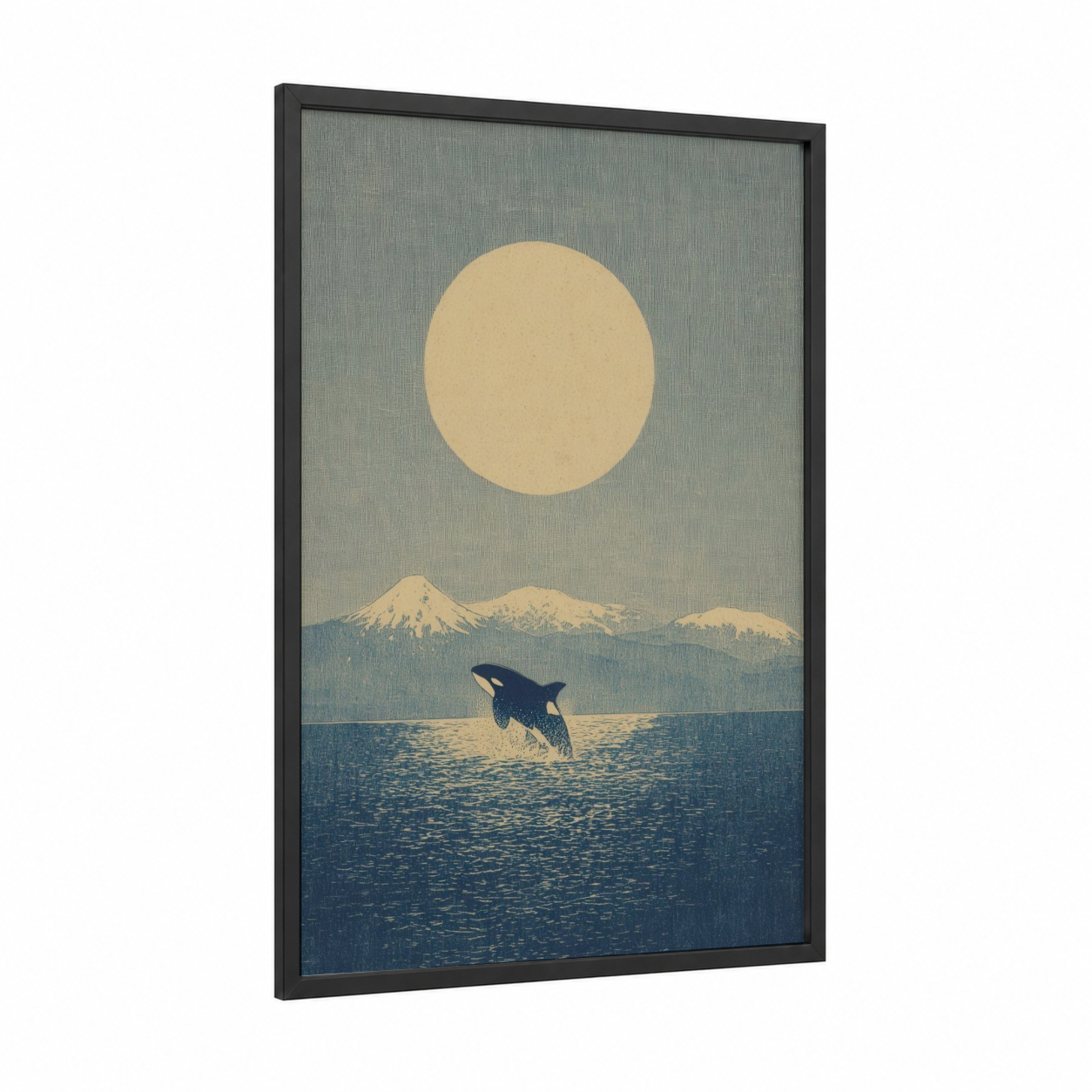 Moonlit Orca framed orca whale print — black wood frame — blue and gold and gray palette