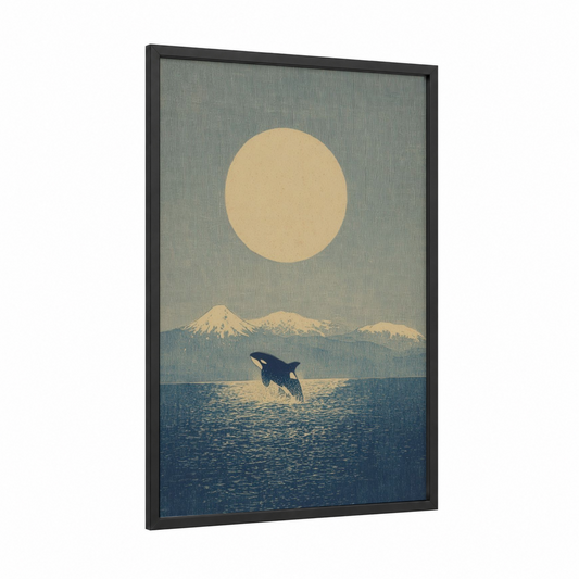 Moonlit Orca framed orca whale print — black wood frame — blue and gold and gray palette