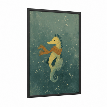 Whimsical Seahorse framed sea horse print — black wood frame — sage green and cream palette
