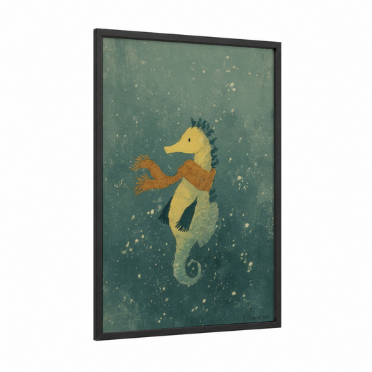 Whimsical Seahorse framed sea horse print — black wood frame — sage green and cream palette
