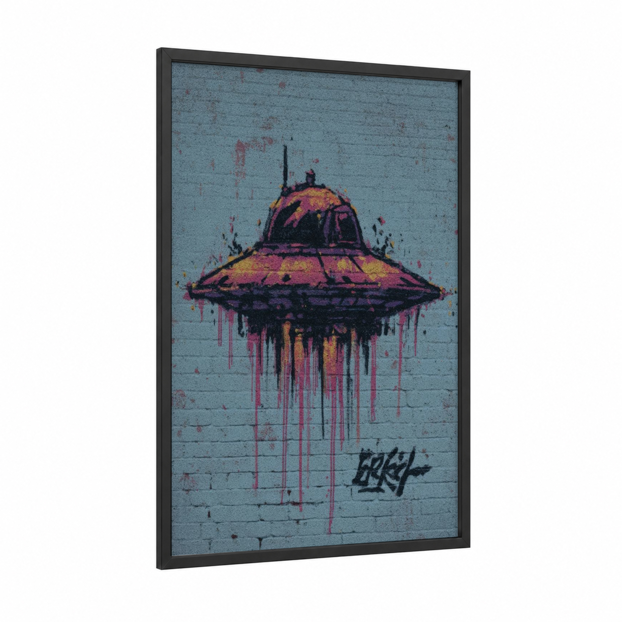 Neon UFO Invasion framed art print — black wood frame — magenta and gold palette