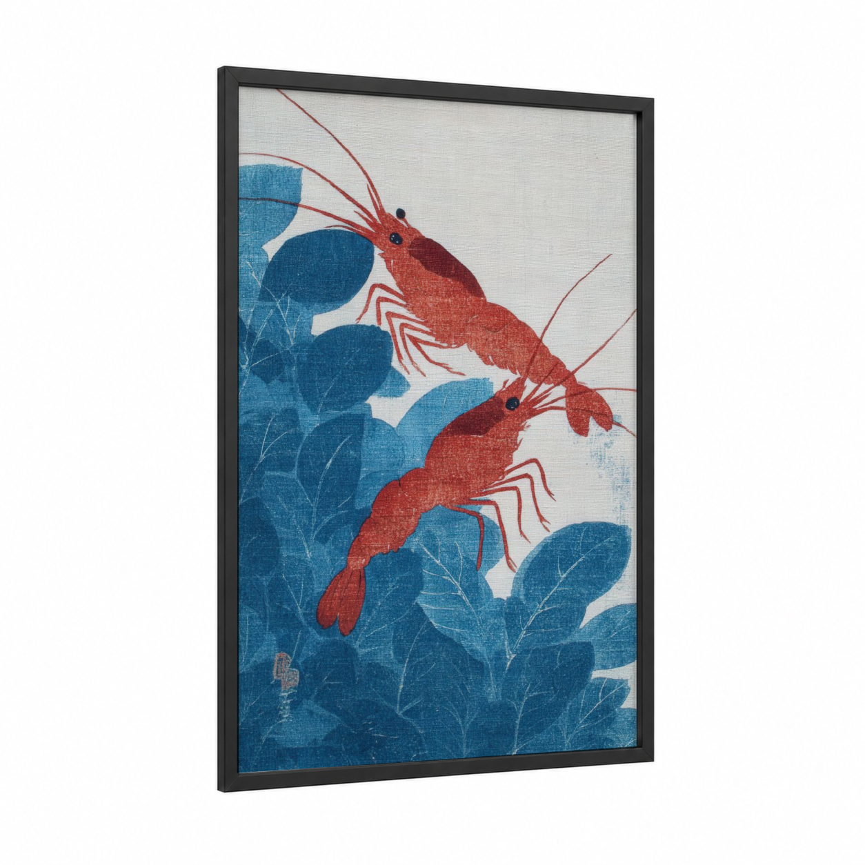Crimson Shrimp Pair framed art print — black wood frame — red and blue palette