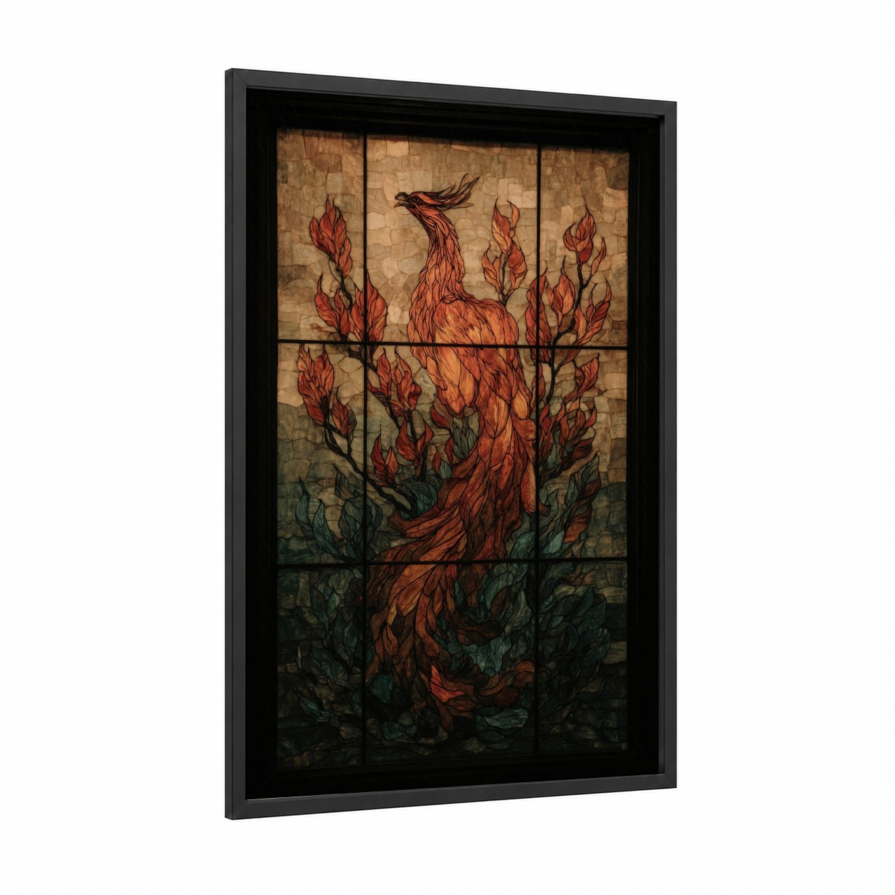 Crimson Phoenix Rising framed art print — black wood frame — red and gold palette