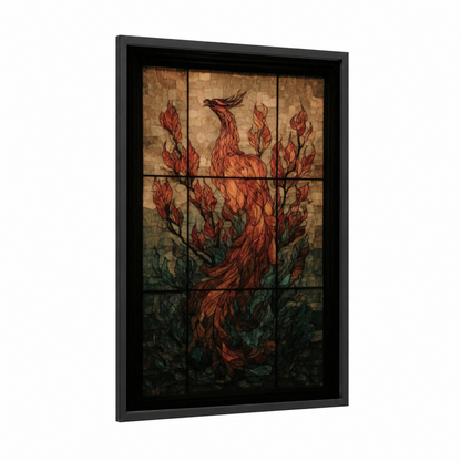 Crimson Phoenix Rising framed art print — black wood frame — red and gold palette