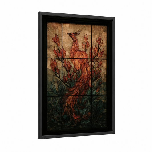 Crimson Phoenix Rising framed art print — black wood frame — red and gold palette