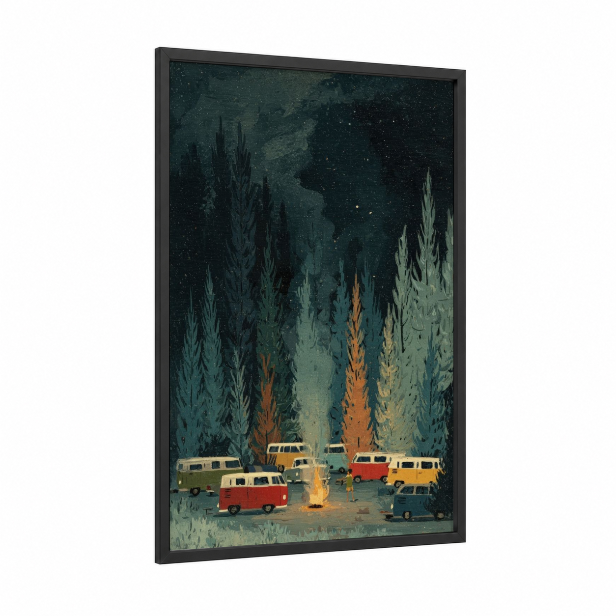Starlit Camping framed van print — black wood frame — dark blue and gold palette