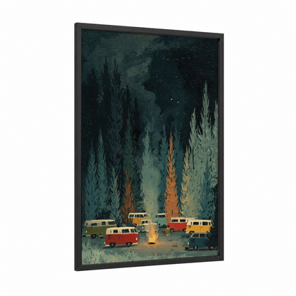 Starlit Camping framed van print — black wood frame — dark blue and gold palette