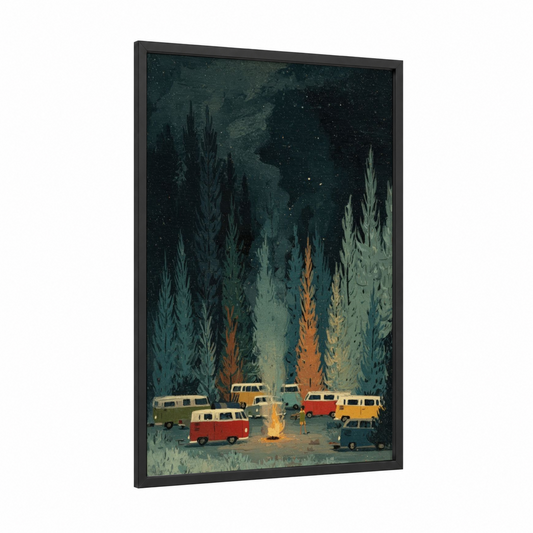 Starlit Camping framed van print — black wood frame — dark blue and gold palette
