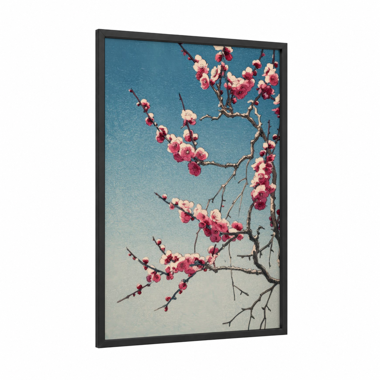 Cherry Blossom Sky framed cherry blossoms print — black wood frame — blue and salmon pink palette