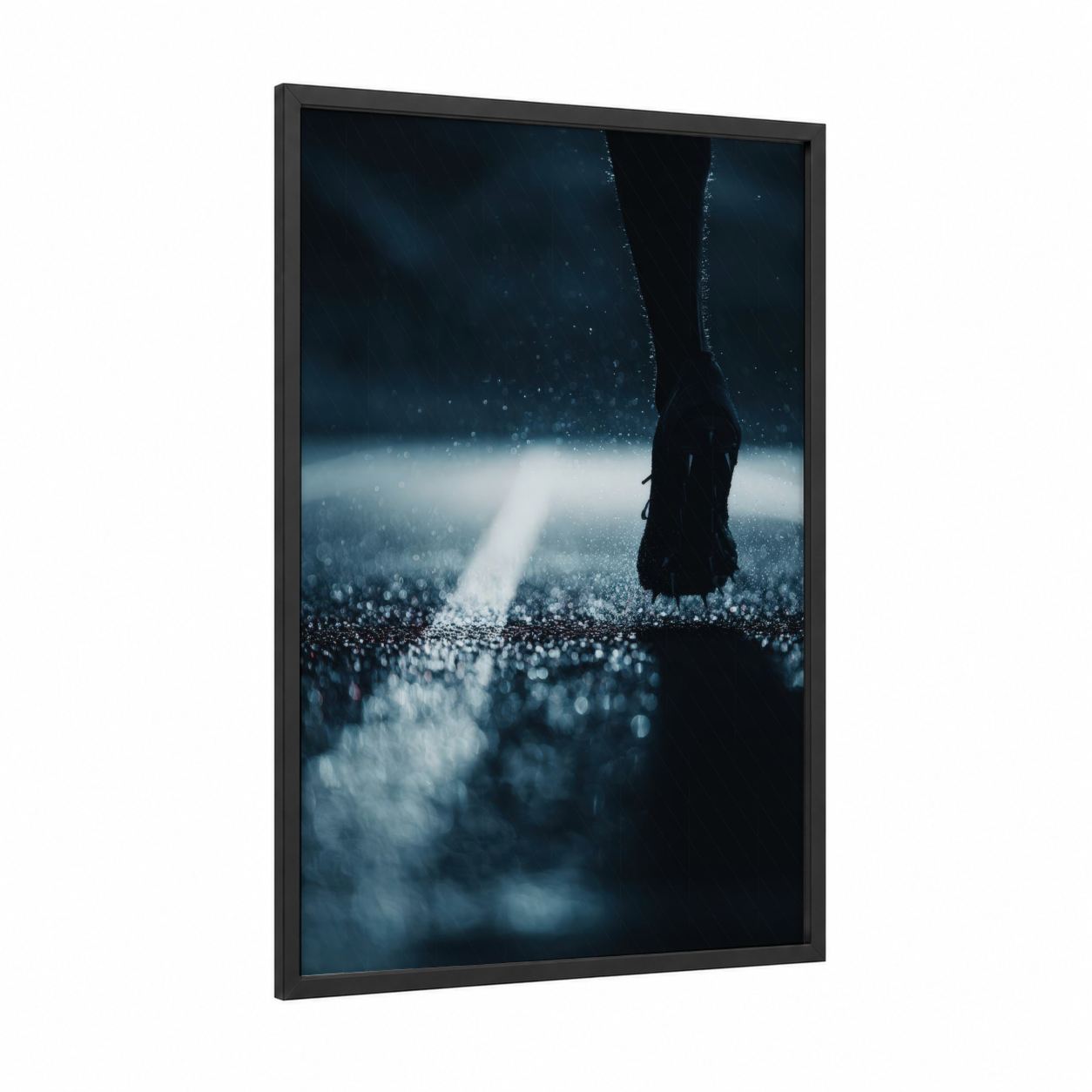 Night Track Runner framed track and field print — black wood frame — black and blue and gray and white palette