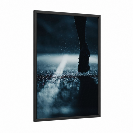 Night Track Runner framed track and field print — black wood frame — black and blue and gray and white palette