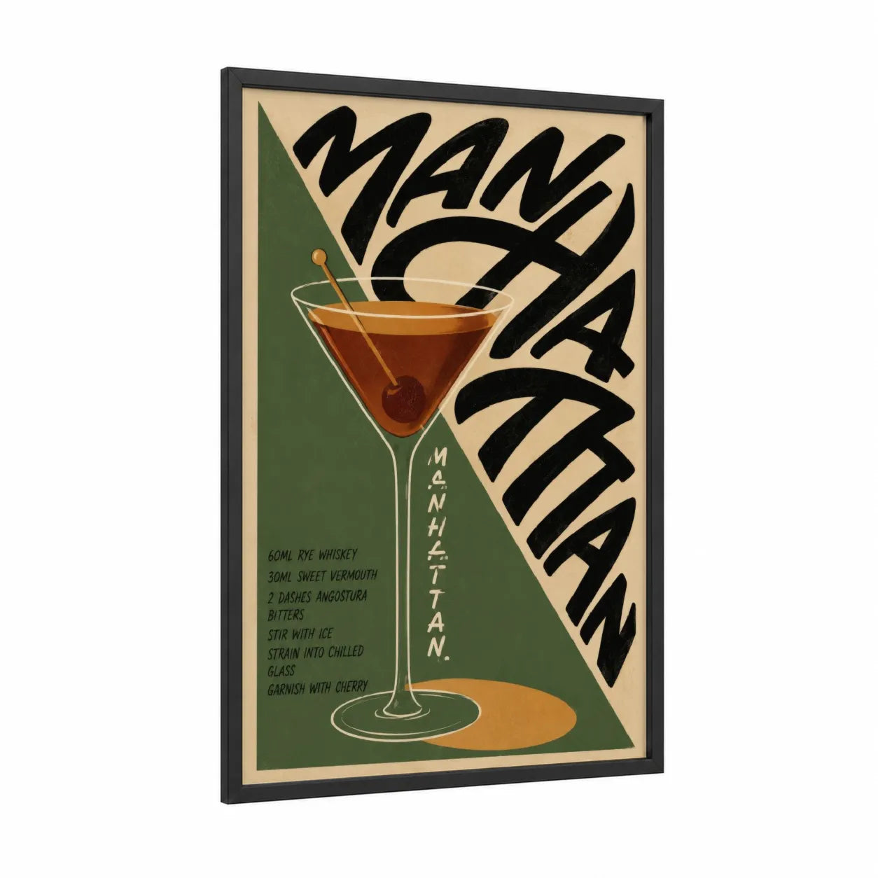 Manhattan Cocktail Retro Wall Art framed art print — black wood frame — cream and olive palette