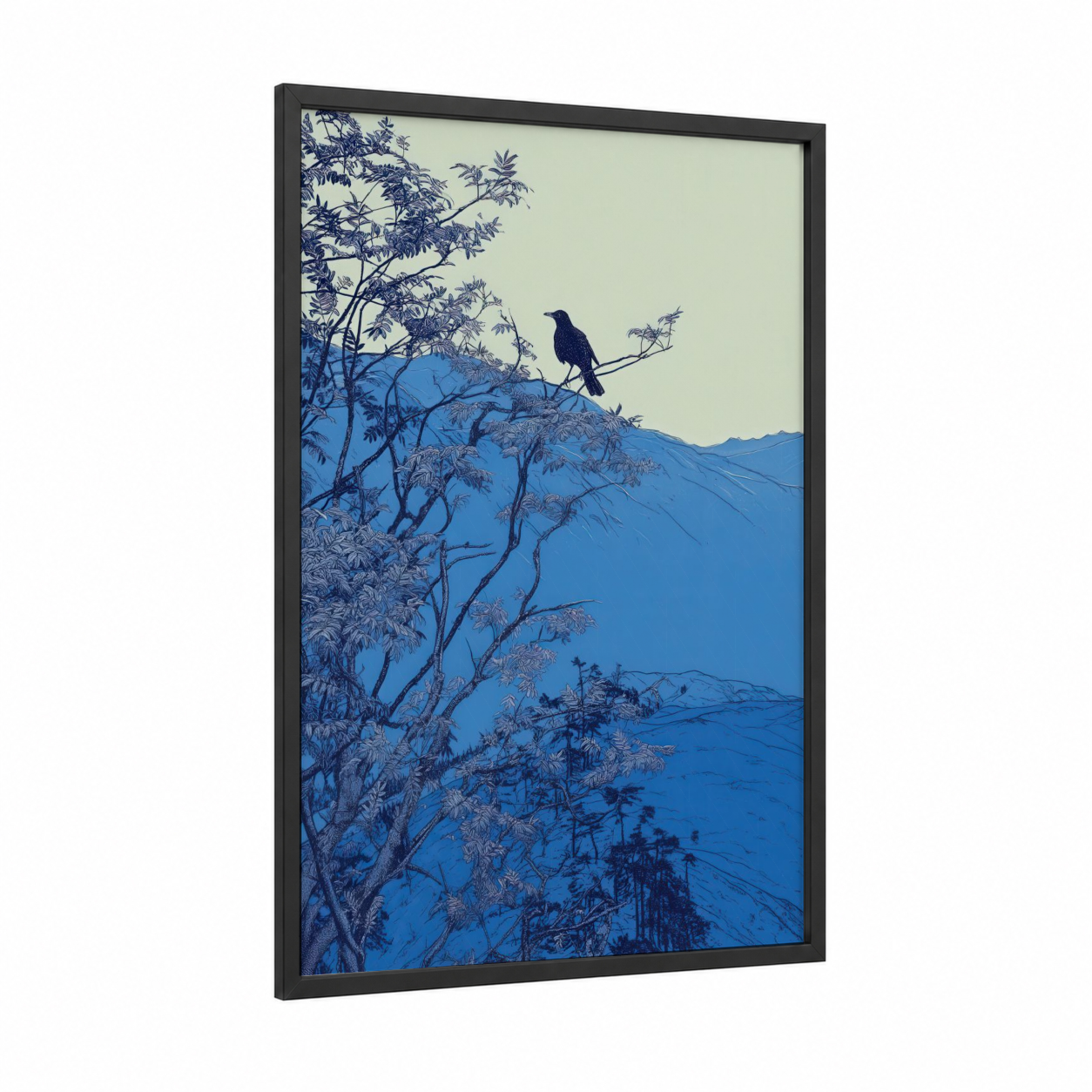 Mountain Thrush framed art print — black wood frame — blue and cream palette