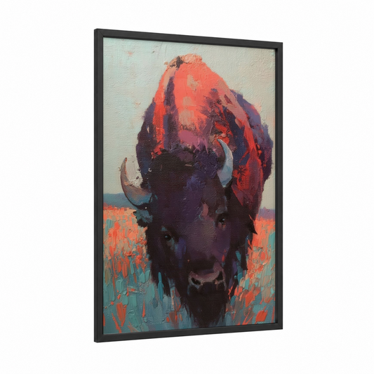 Crimson Bison framed art print — black wood frame — red and purple palette