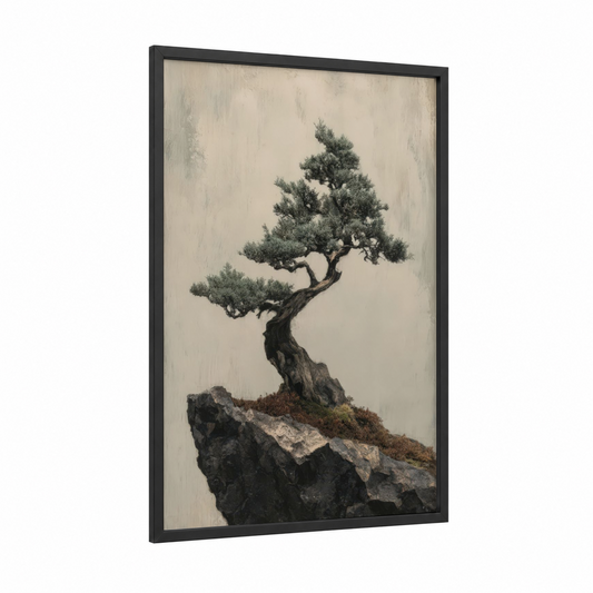 Cliffside Bonsai framed bonsai tree print — black wood frame — beige and dove gray palette