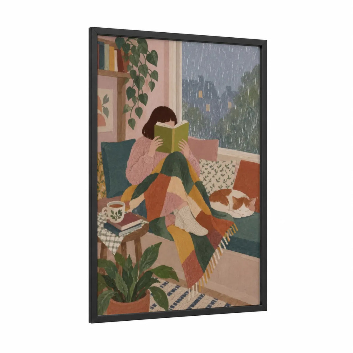 Cozy Reading Nook Wall Art framed art print — black wood frame — pink and green palette
