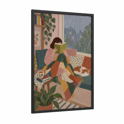 Cozy Reading Nook Wall Art framed art print — black wood frame — pink and green palette