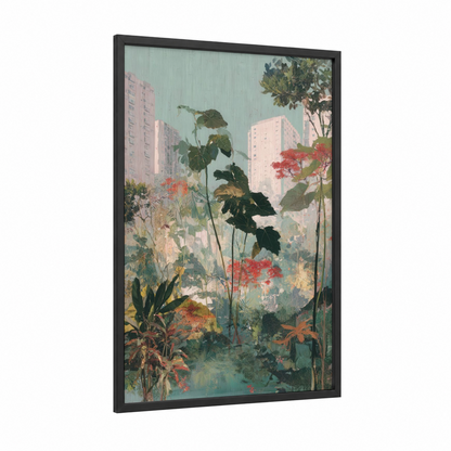 Urban Jungle Garden framed tropical trees print — black wood frame — blue and green palette
