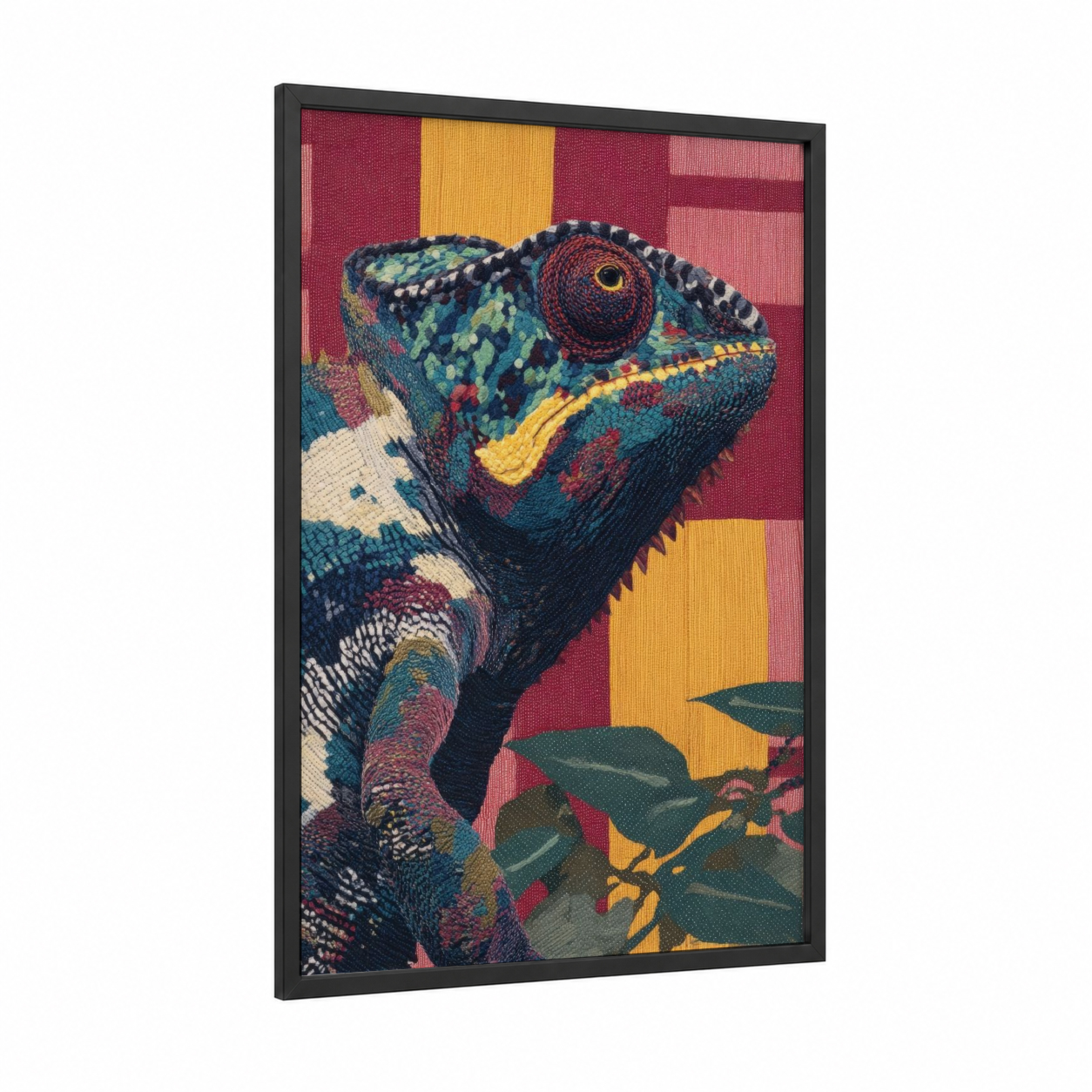 Colorful Chameleon framed art print — black wood frame — magenta and yellow gold palette