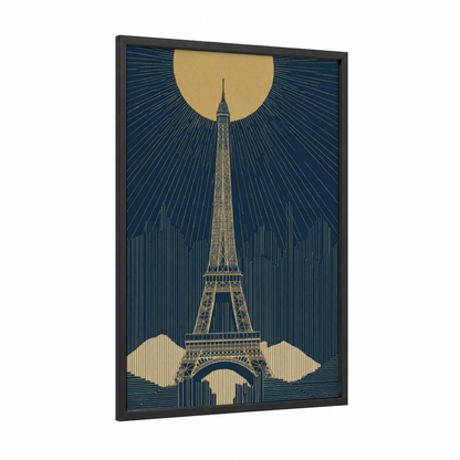Golden Eiffel Tower framed art print — black wood frame — yellow gold and dark blue palette