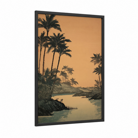 Golden Oasis framed art print — black wood frame — gold and teal palette