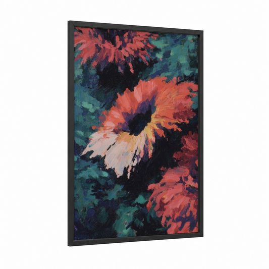 Crimson Sea Anemone framed art print — black wood frame — red and teal palette