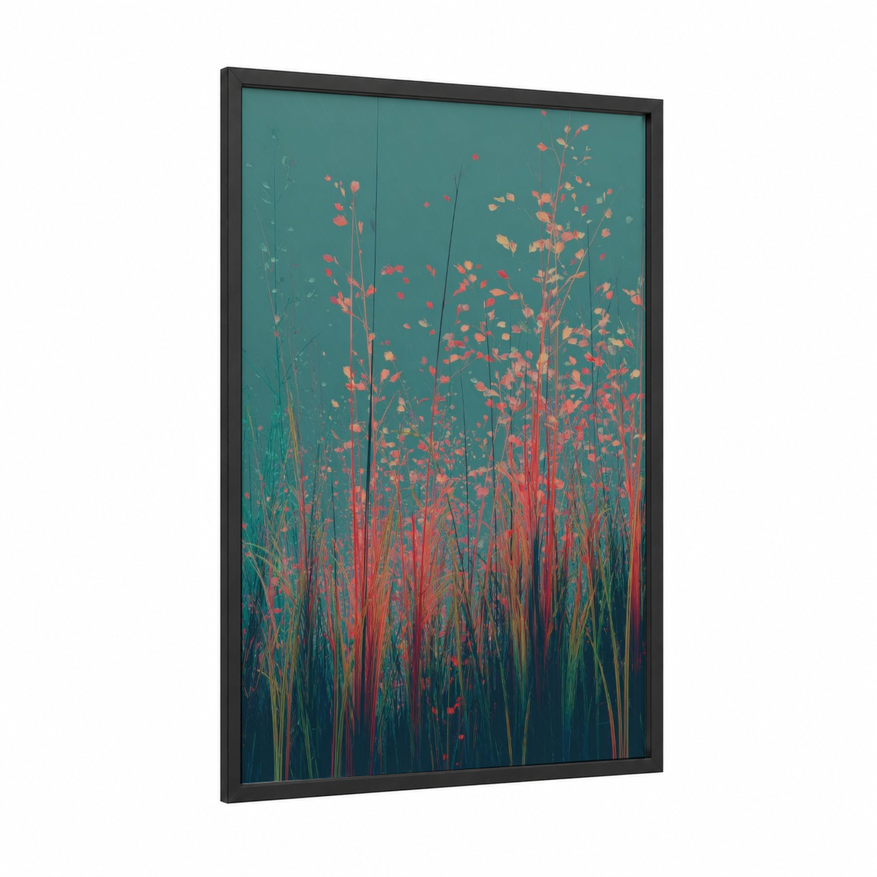 Crimson Field Dreams framed leaf print — black wood frame — teal and red palette