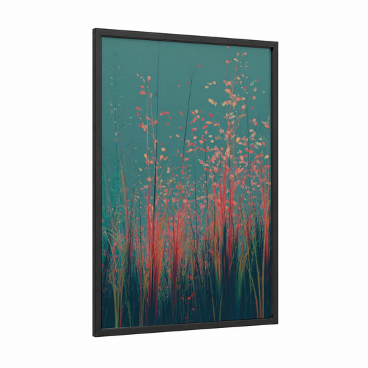 Crimson Field Dreams framed leaf print — black wood frame — teal and red palette