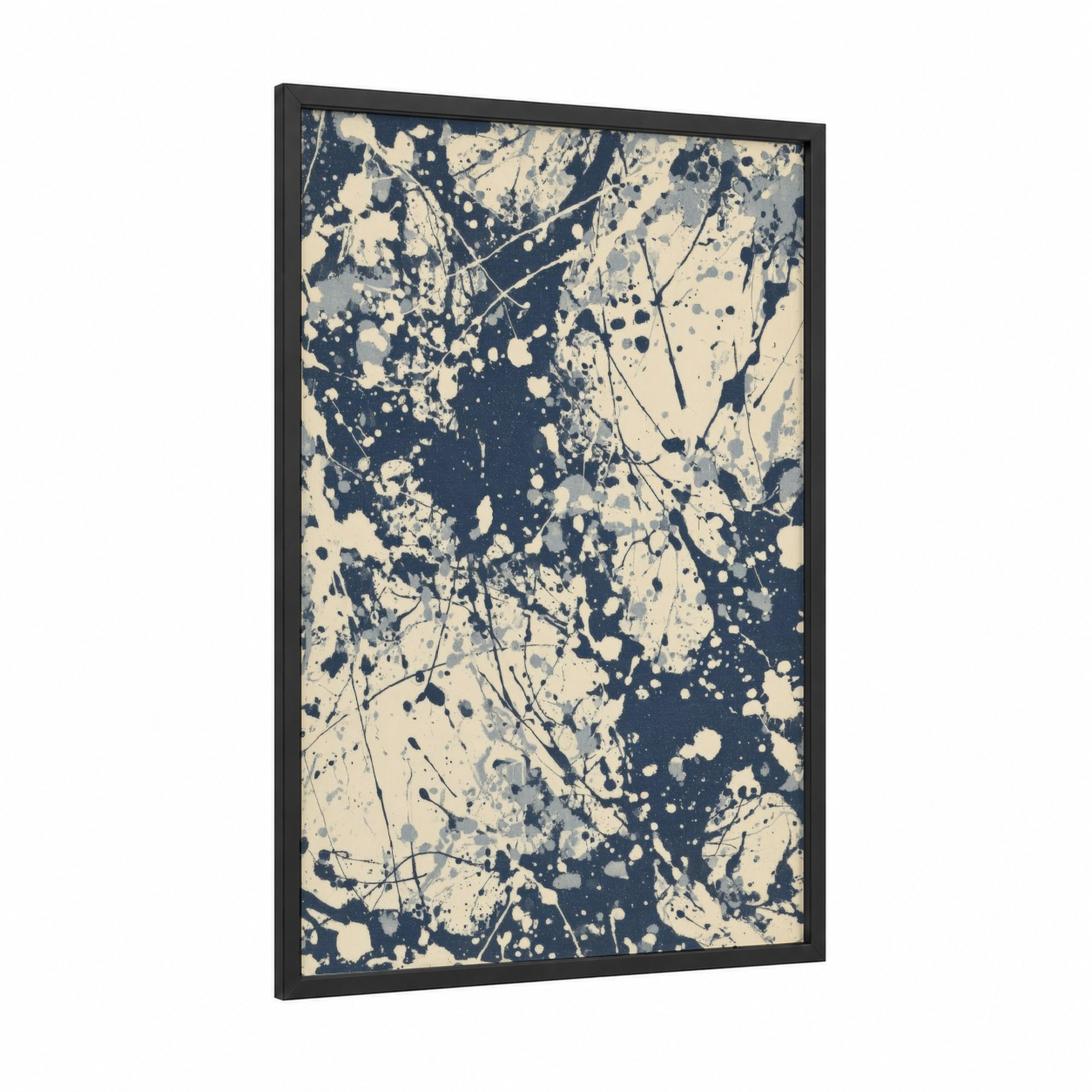 Splatter Dynamics framed abstract expressionism print — black wood frame — black and white and cream palette
