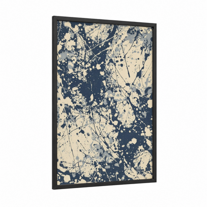 Splatter Dynamics framed abstract expressionism print — black wood frame — black and white and cream palette