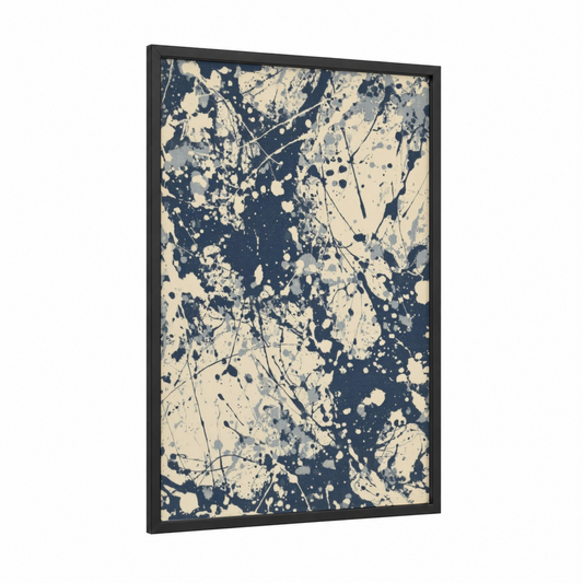 Splatter Dynamics framed abstract expressionism print — black wood frame — black and white and cream palette