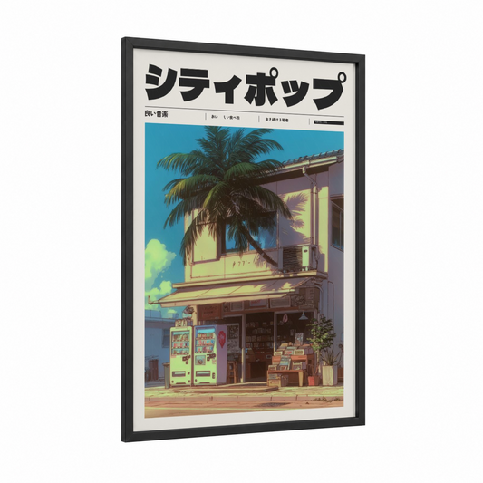 Retro Shop Vibes framed anime and manga print — black wood frame — blue and gold and pink palette