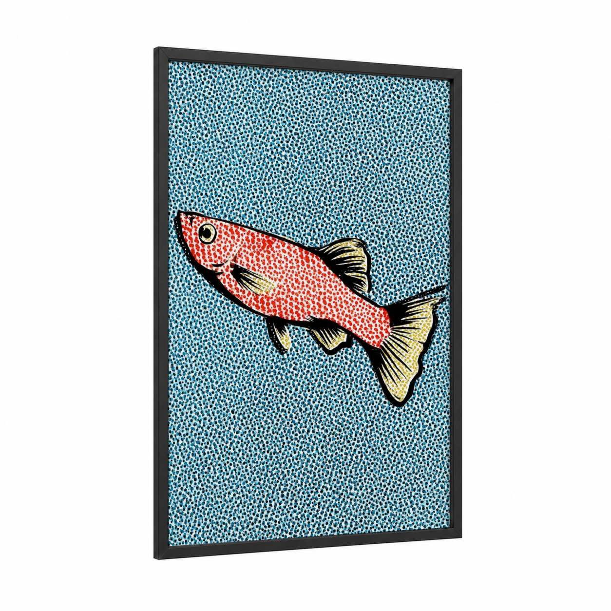 Crimson Zebrafish framed art print — black wood frame — red and turquoise palette