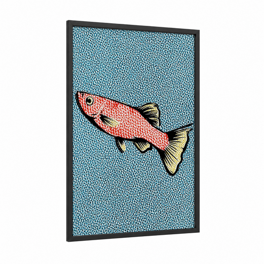 Crimson Zebrafish framed art print — black wood frame — red and turquoise palette